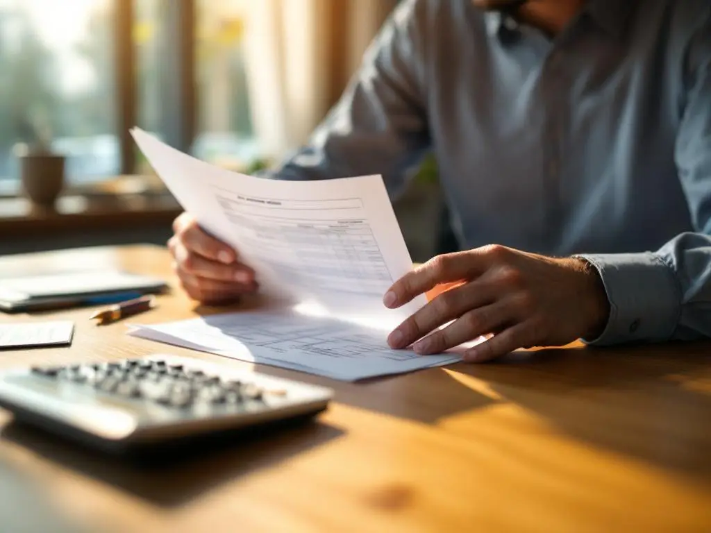 Kleine ondernemer bekijkt loonstrookjes en belastingformulieren aan houten bureau met rekenmachine en koffiekop