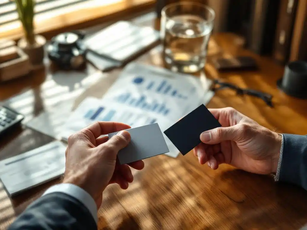 Zakenman vergelijkt twee visitekaartjes op mahoniehouden bureau omringd door financiële documenten en rekenmachine