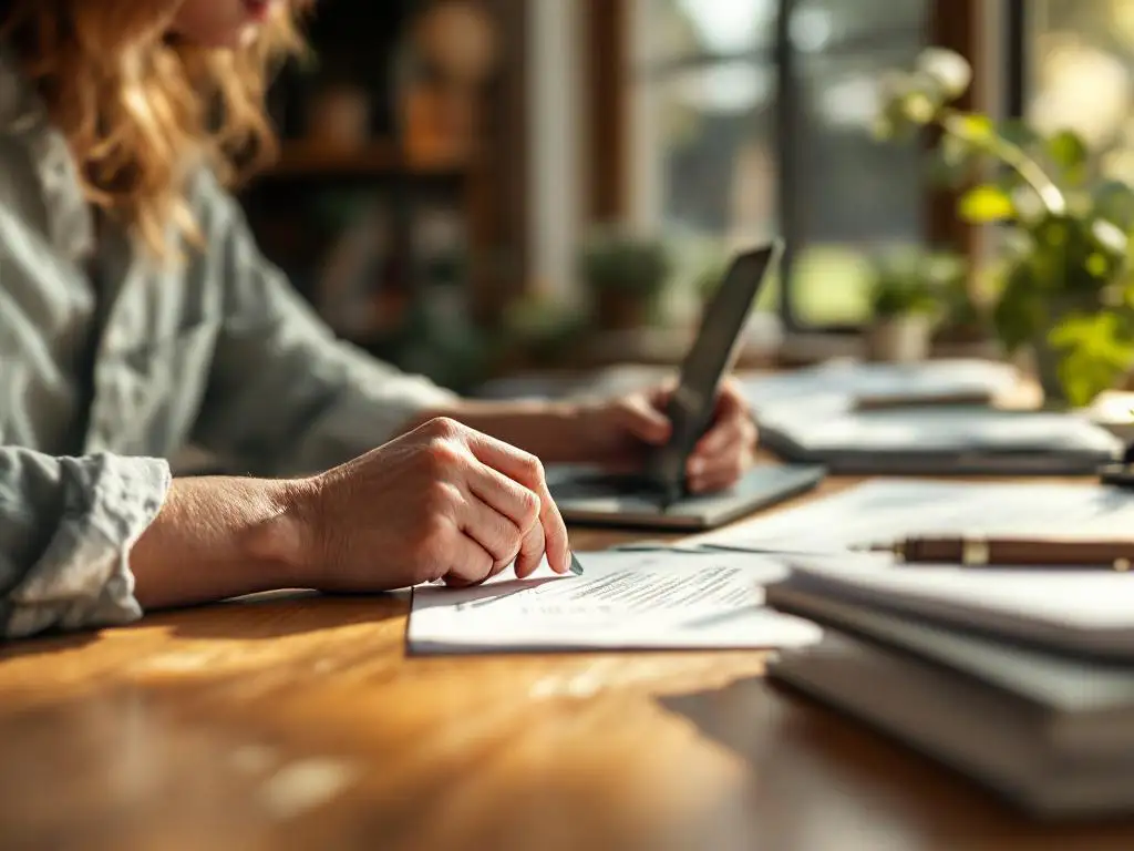 Adviseur helpt ondernemer met documenten op houten bureau in warm kantoor met natuurlijk licht
